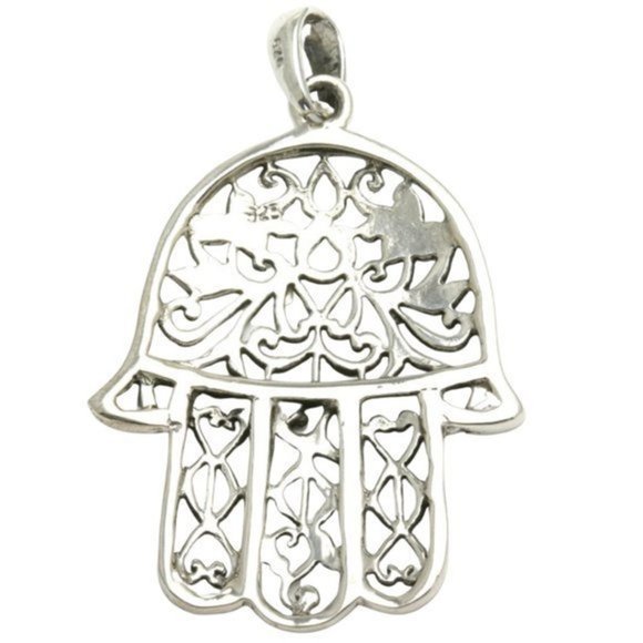 925 Sterling Chain & Pendant Hamsa Evil Eye Handcrafted Filigree Metalwork - Picture 2 of 9